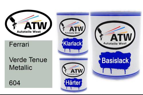 Ferrari, Verde Tenue Metallic, 604: 1L Lackdose + 1L Klarlack + 500ml Härter - Set, von ATW Autoteile West.